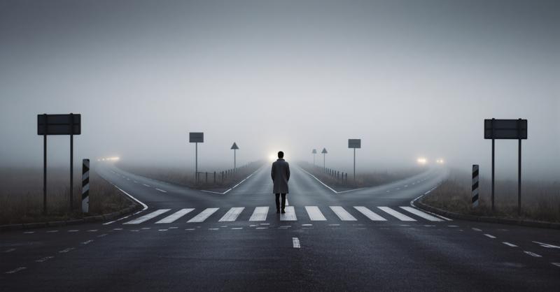 Persoană într-o intersecție în ceață, simbol al blocajului psihologic și al lipsei de motivație