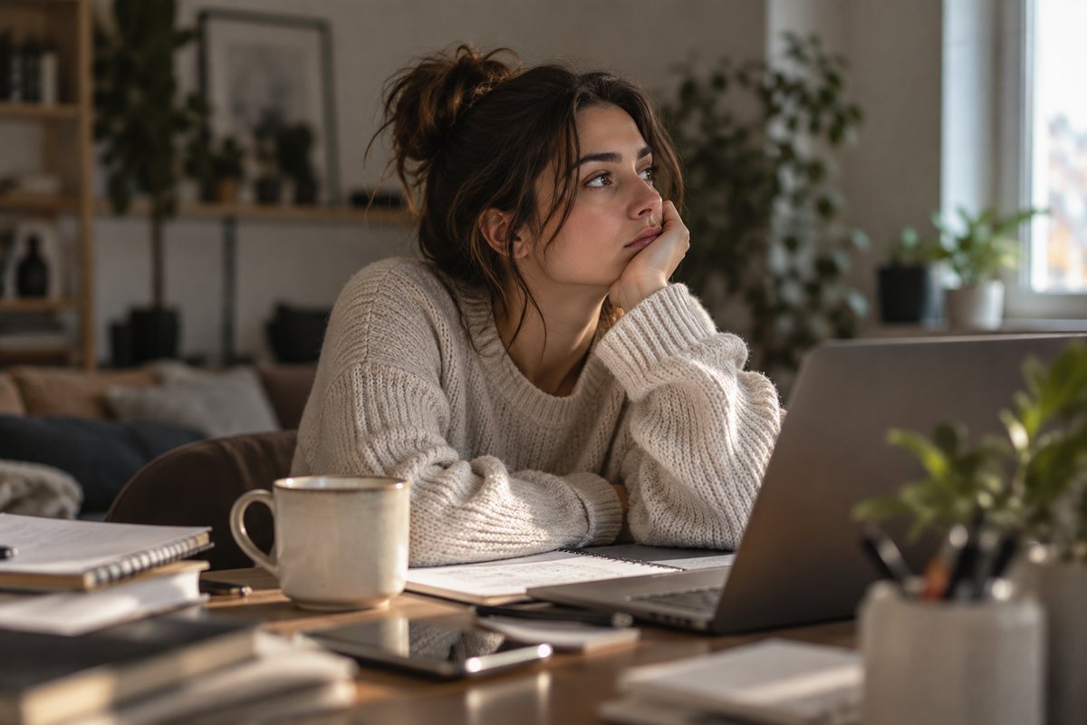 Femeie care procrastinează la birou, privind în gol lângă laptop